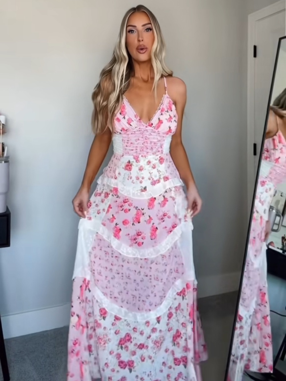 Pink Floral Tiered Maxi Dress with Lace Panels
